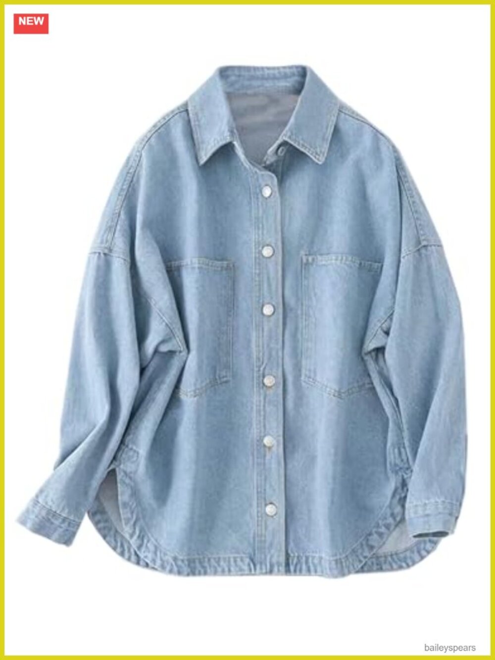 Mid Length Oversized Denim Shirt Jacket Button Down Collar Long Sleeve